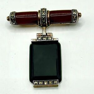 Vintage Sterling Silver, Marcasite, Carnelian & Onyx Brooch